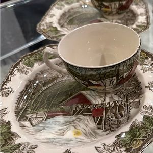 Johnson Brothers The Friendly Village Snack Set Square Plate Cup Covered Bridge